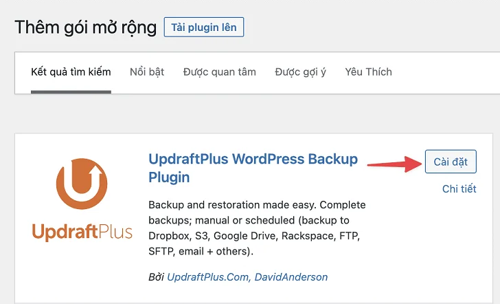 Các bước cài đặt plugin UpdraftPlus