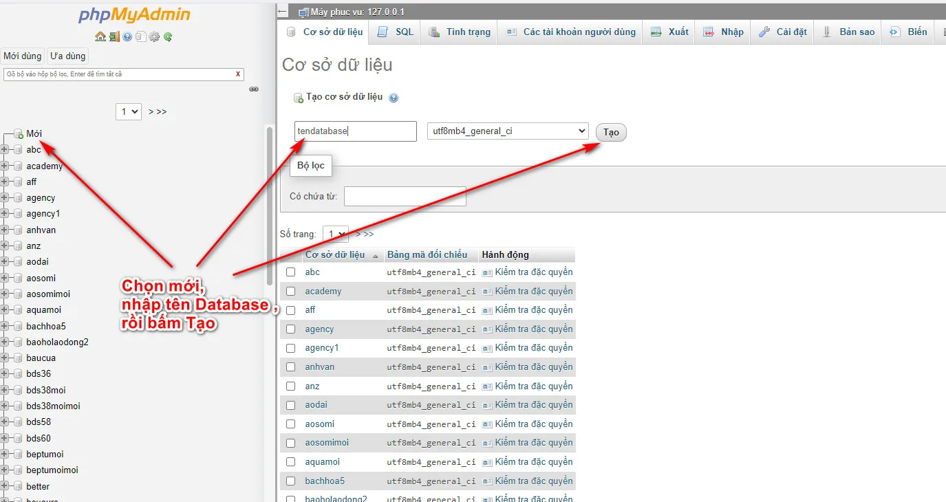 Hướng dẫn tạo database trên localhost