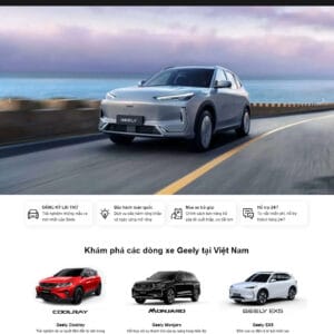 Giao diện theme WordPress bán xe Geely, hiển thị các mẫu xe rõ ràng và hỗ trợ đặt lịch lái thử.