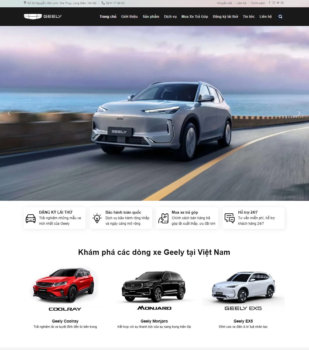 Giao diện theme WordPress bán xe Geely, hiển thị các mẫu xe rõ ràng và hỗ trợ đặt lịch lái thử.