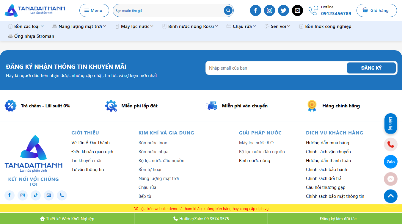 Theme WordPress bán bồn nước 01 giao diện cuối trang
