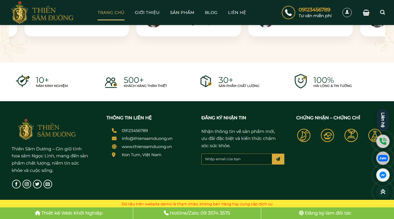 Giao diện chi tiết theme WordPress bán sâm ngọc linh yến sào