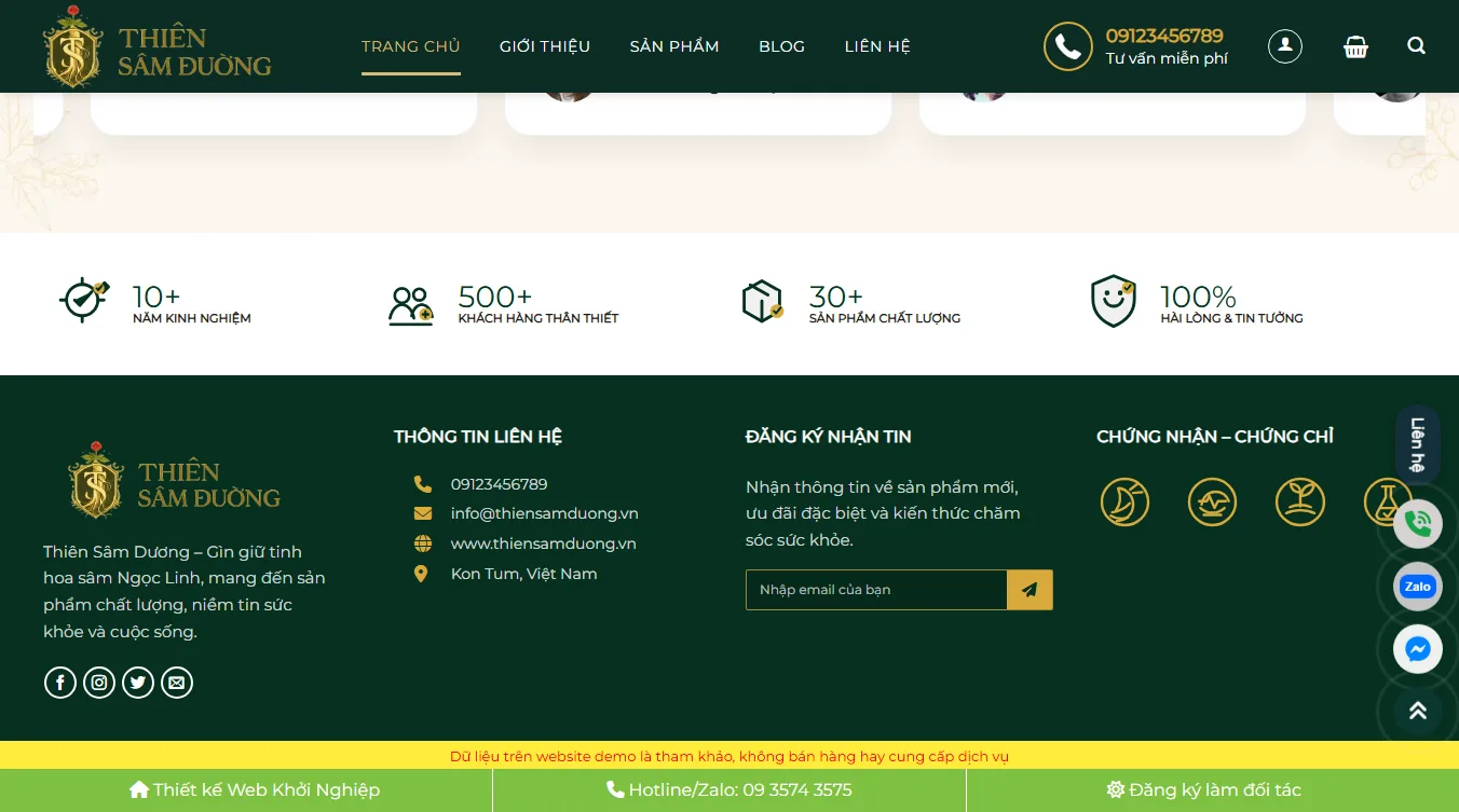 Giao diện chi tiết theme WordPress bán sâm ngọc linh yến sào