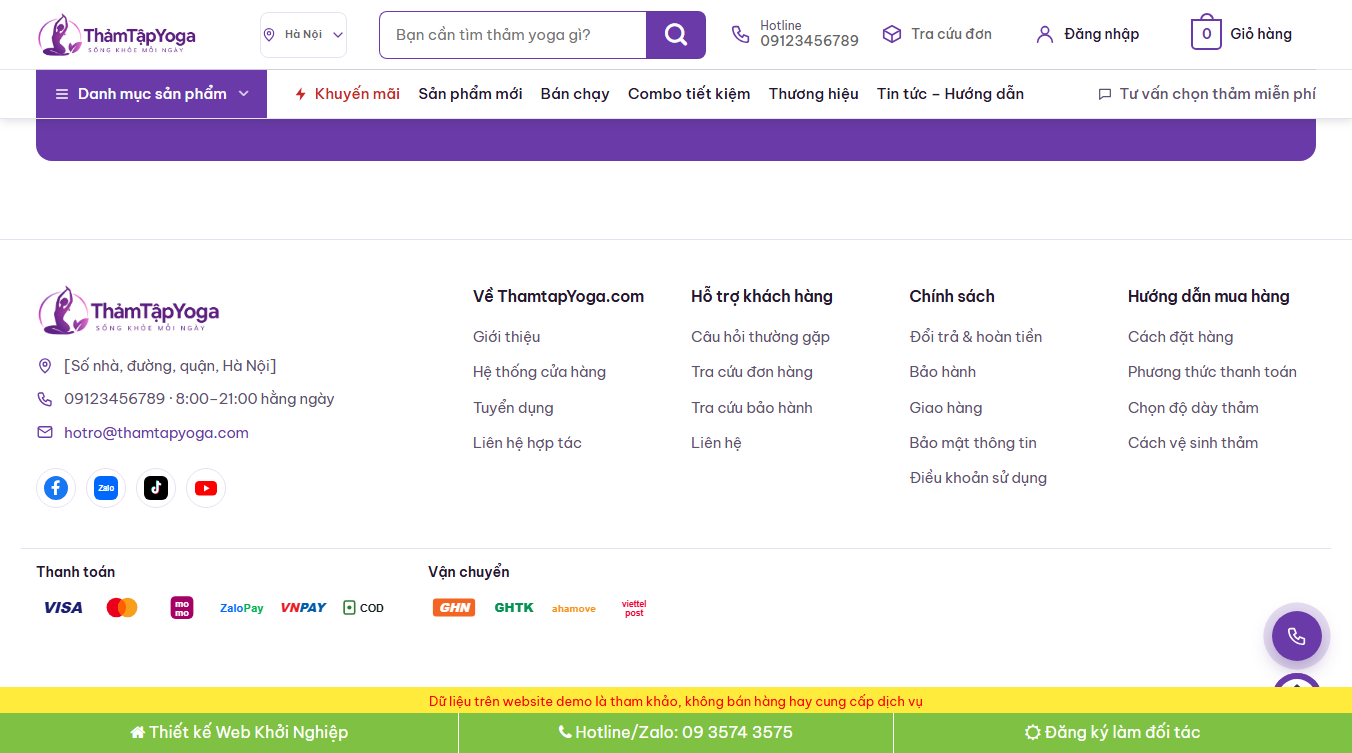 Giao diện chi tiết của theme WordPress bán thảm tập yoga