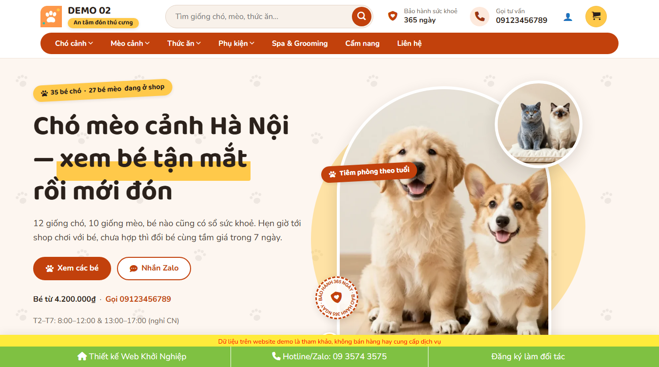 Theme WordPress Bán Thú Cưng 04 - Giao diện đầu trang