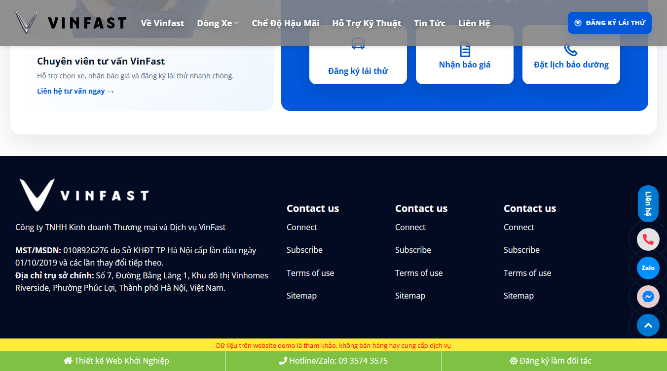 Theme WordPress bán xe VinFast 02 giao diện footer tối ưu