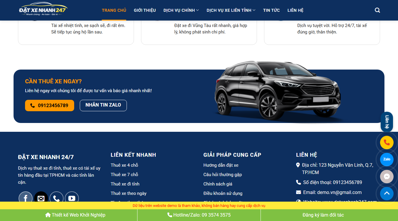 Theme wordpress taxi 06 giao diện footer chức năng đặt xe