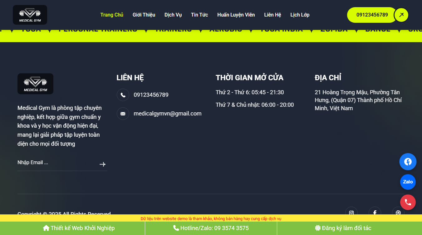 Theme WordPress trung tâm gym 02 - Giao diện cuối trang