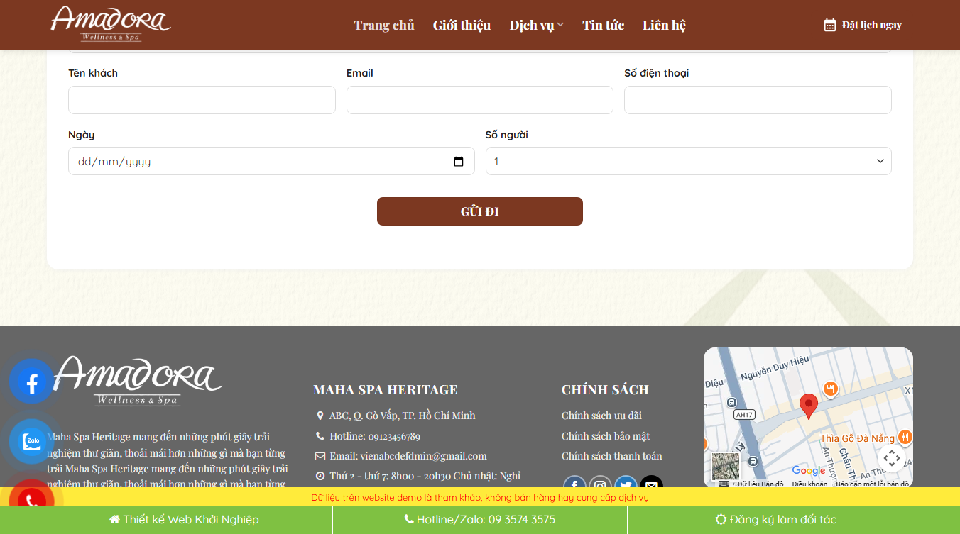 Theme WordPress trung tâm spa 015 giao diện cuối trang và tính năng